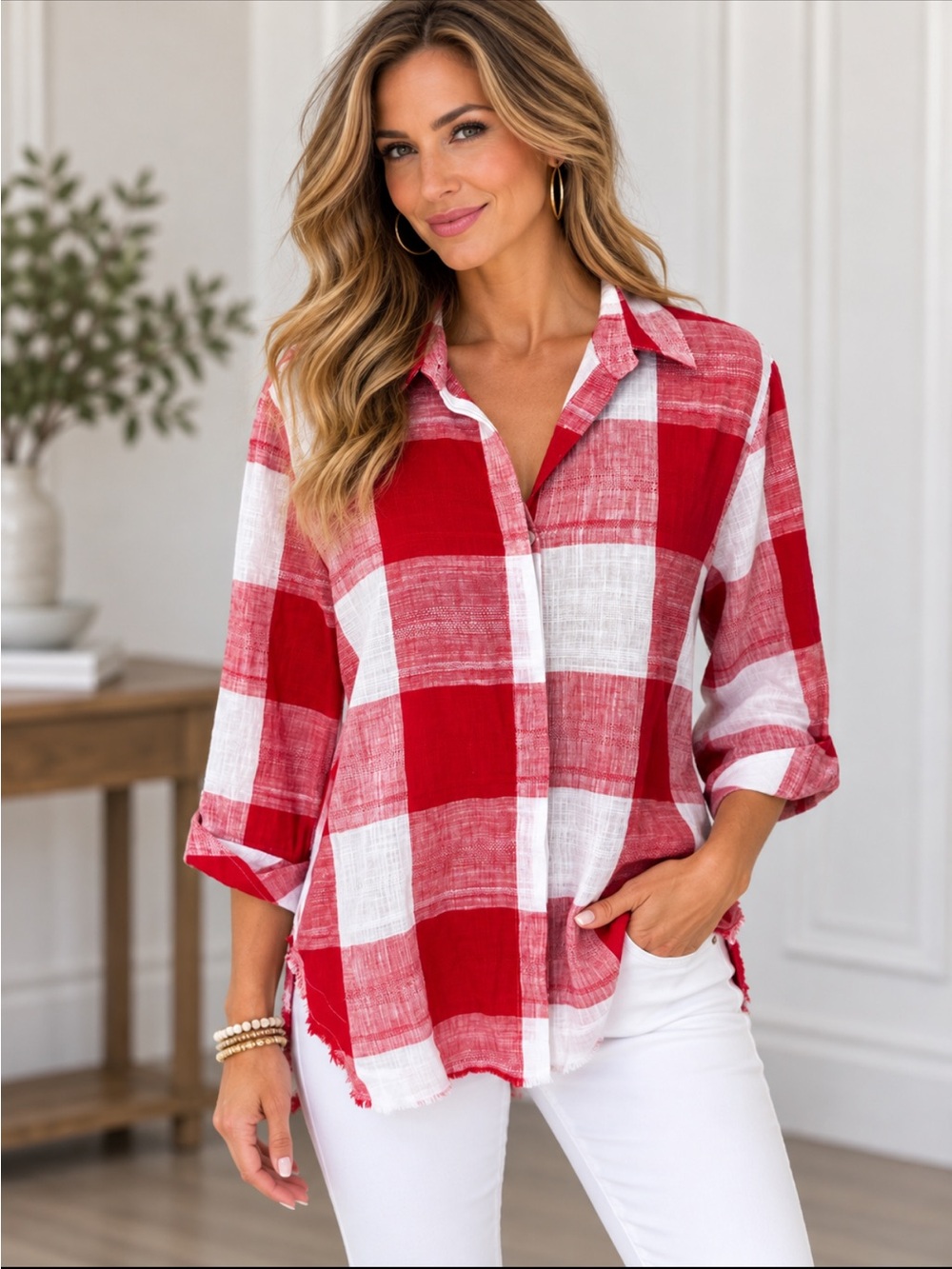 Boho Chic Red White Plaid Linen Blend Button Up Tunic